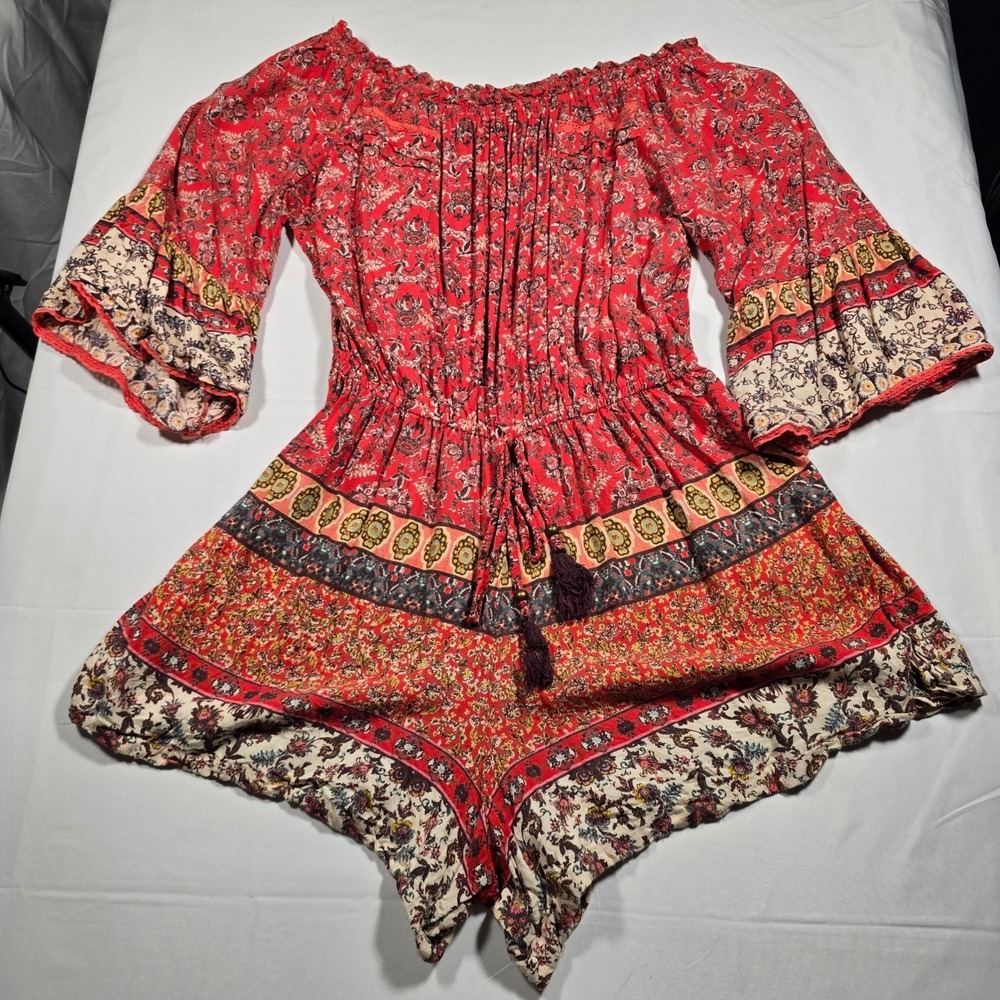Angie Red Floral Boho Romper Off Shoulder Bell Sleeve indie shorts Small